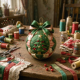 thumbnail image 3 of Diy Quilted Christmas Ornament Ball Kit, Patchwork Fabric Ball with Bow, Featuring a Christmas Tree Design, Rustic Holiday Tree Decor., 3 of 4