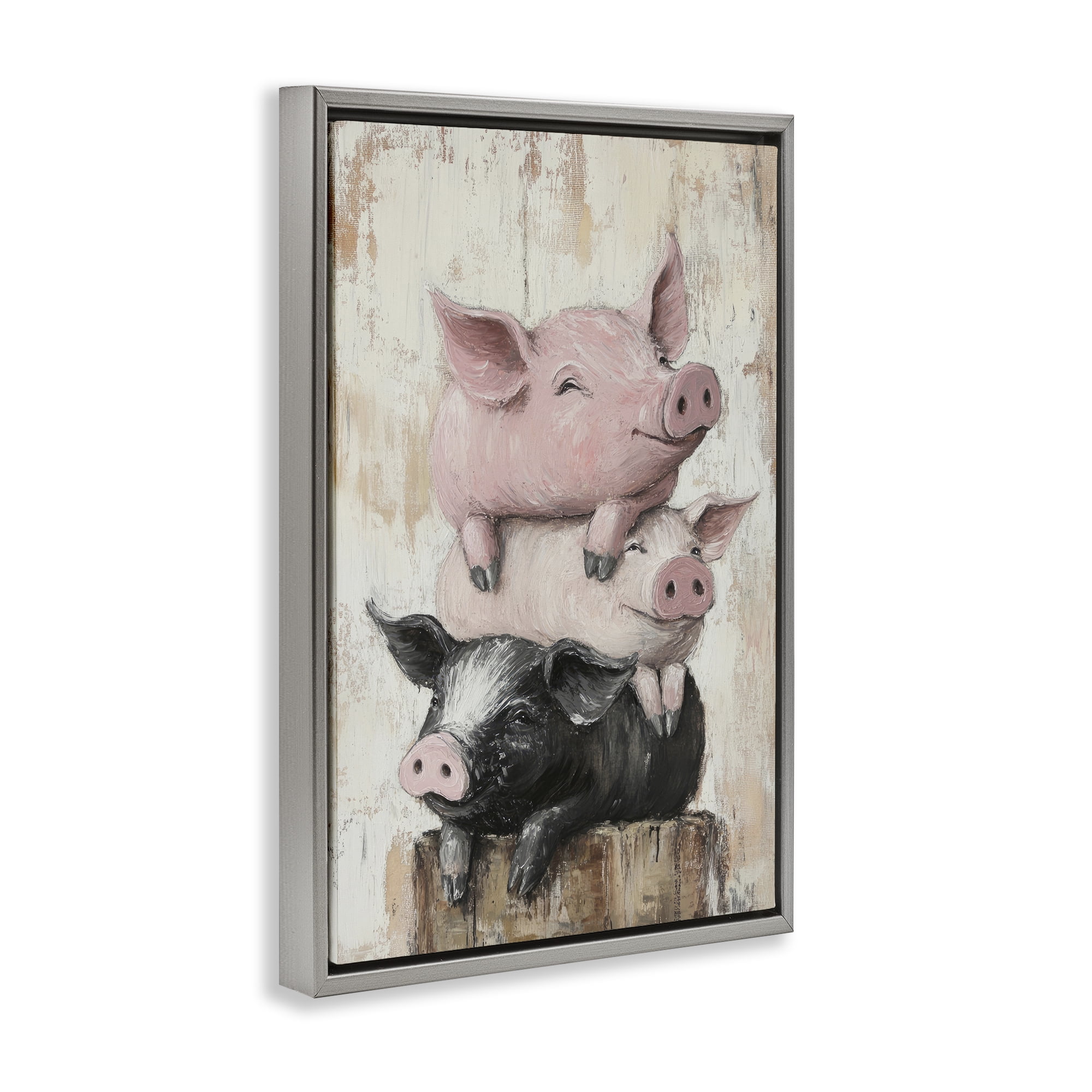 Stupell Industries Pig & Piglet Pile Gray Framed Floater Canvas Wall Art, design by Tina LeCour