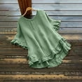 thumbnail image 3 of WREESH Womens Blouses Spring Summer Solid Color Casual Loose Fashion T-Shirt Short Sleeve Round-Neck Button Tops Ramie Blouse Green, 3 of 7