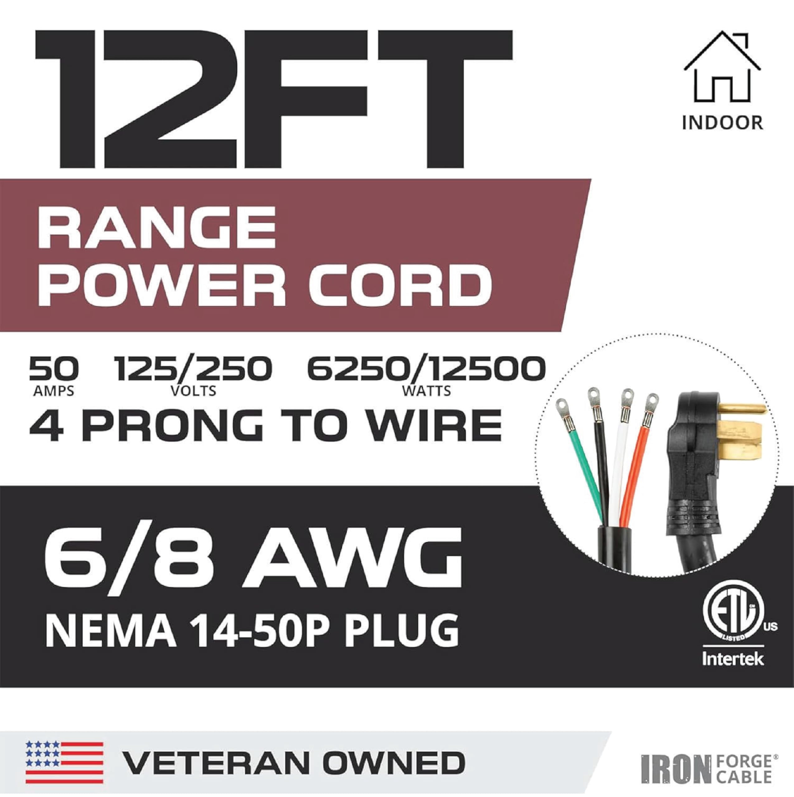 Iron Forge Cable 4 Prong Black Range Power Cord 12 ft - 50 Amp RV Extension Cord - Heavy Duty 6/8 AWG - NEMA 14-50P Flat Plug 4 Wire EV Cord
