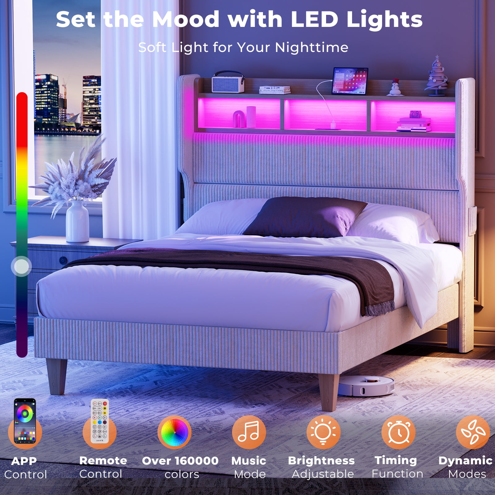 Bed Frame Queen Size with 51" Tall Headboard, LED Lights and Charging Station, Corduroy Upholstered Bed Frame Queen with Storage Shelf, No Box Spring Needed, Beige