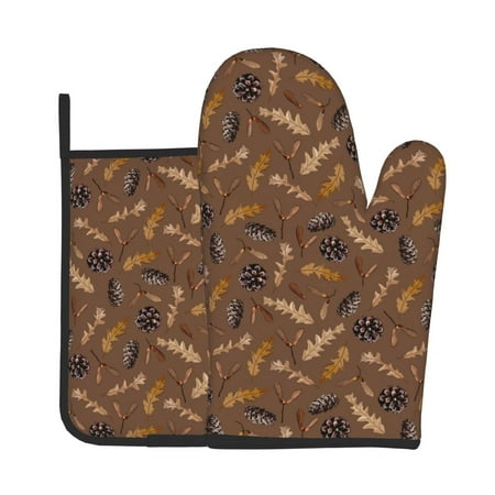 

Xecao Autumn Pinecone Plants Pattern Oven Mitts and Pot Holders Sets Heat Resistant Silicone Oven Mittens Extra Thicken Long Kitchen Cotton Oven Glove for Cooking