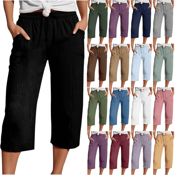Yuanlook Casual Cropped Pants for Women, Drawstring Waist Crinkle Gauze Straight Leg, Everyday Comfort Trousers with Side Pockets, S-XXL