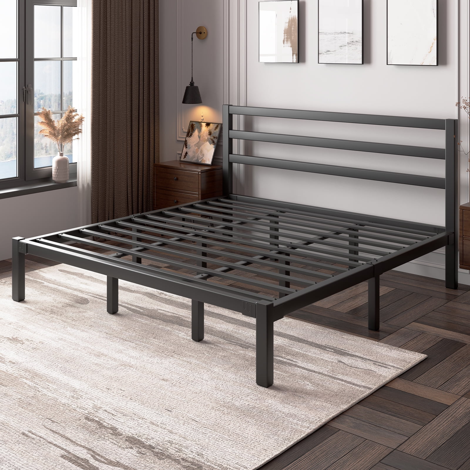 King Size Metal Platform Bed Frame with Headboard, Heavy Duty Steel Slat Support, Under-Bed Storage, No Box Spring Needed, Black
