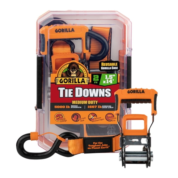 Gorilla 2 Pk 1.5" X 14' Ratchet Strap W/ Orange Gorilla Grip Handle W/ Cap Locks W/ Floating "D" Rings (Orange Webbing)