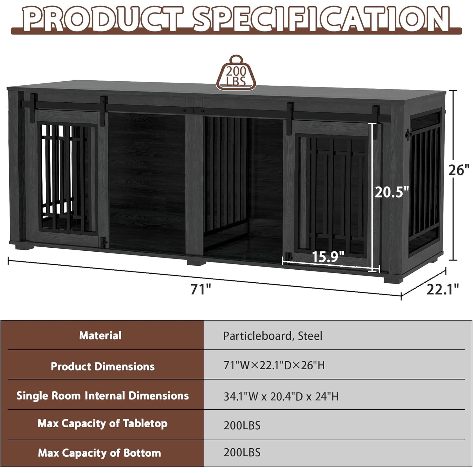 NEORIVER Large Dog Crate Furniture for 2 Dogs, 71" Sliding Door Heavy Duty Dog Kennel Furniture with Divider, Steel Frame Indoor Double Dog Crate for Large Medium Small Dogs, Dark Black