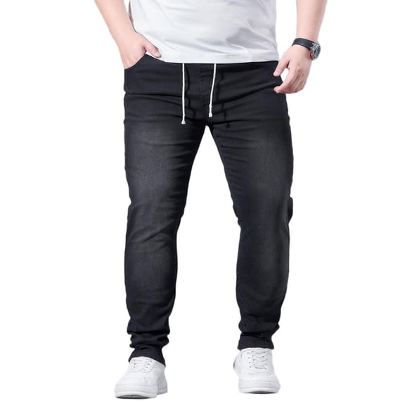 USNSM Mens Plus Size Trendy Jeans Joggers Stretchy, Elastic Waist Drawstring Pockets Denim Pants, Big and Tall Casual Stacked Jeans Black XL
