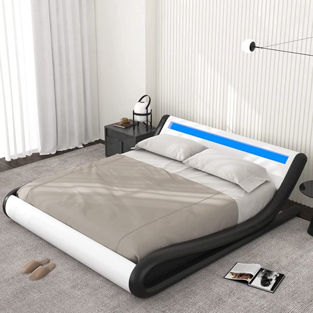 Allewie Queen size Wave-Like Curve Deluxe Upholstered Modern Bed Frame with LED Headboard  Black+White