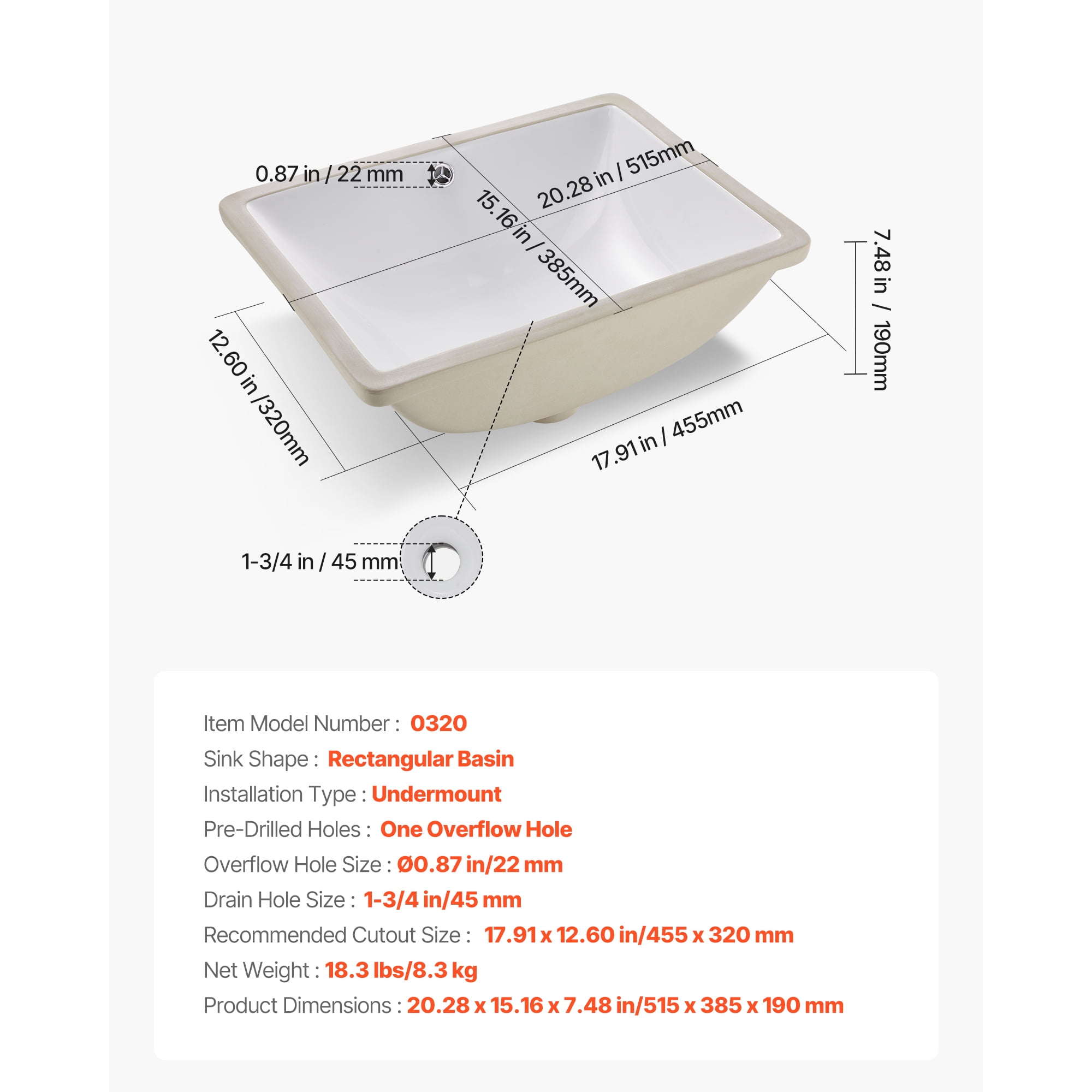 KFFKFF Rectangular Undermount Bathroom Sink, 20.28 x 15.16 Inch White Ceramic Basin with Overflow, Modern Under-Counter Vanity Wash Bowl for Compact Spaces