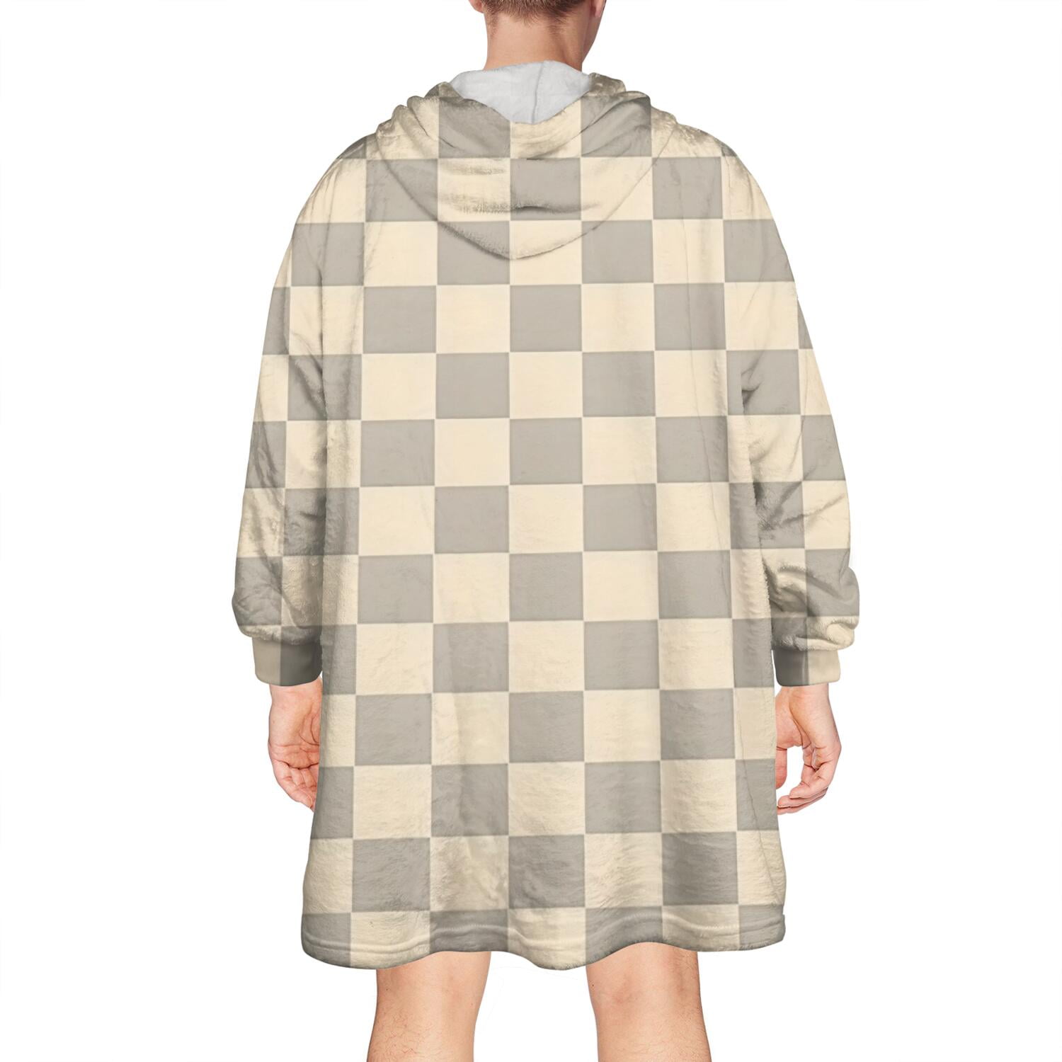 Beige Gray Checkerboard Checkered Pattern Wearable Oversized Blanket,Wearable Blanket Hoodie for Adults,Cozy Hooded Blankets with Super Pockets,Super Warm Fuzzy Pullover for Women & Men