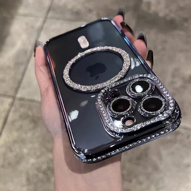 Bling Glitter Rhinestone Magnetic Wireless Charge Case for iPhone 16 15 14 13 12 11 Pro Max Plus Shockproof Pink Jewelled Cover blue For iPhone 14
