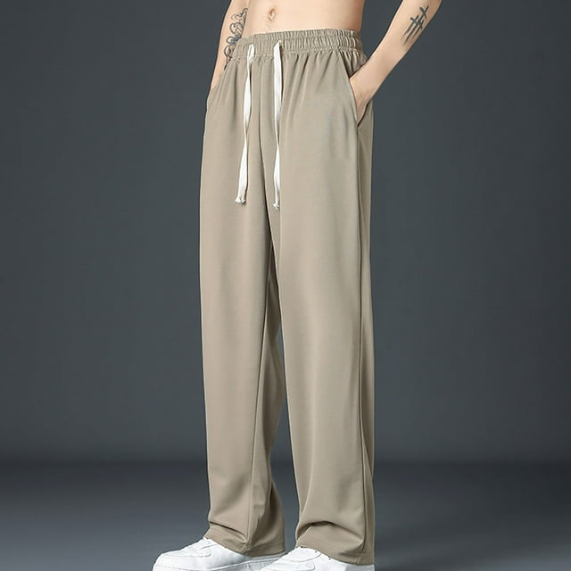 AherBiu Pants For Men Straight Leg Drawstring Elastic Wasited Pants With Pockets Lightweight Outdoor Casual Loose Basic Beach Trousers