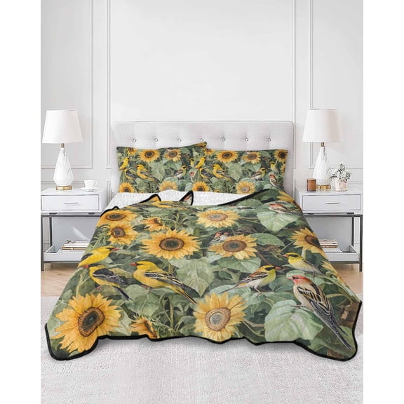 Quilts Queen Size, Sunflower Soft Comforter Bedding Set for Bed, Yellow Summer Floral Birds Pastoral Lightweight Quilted Bedspread with Pillow Cover(2 Pieces) for All Season, 90x96 Inch