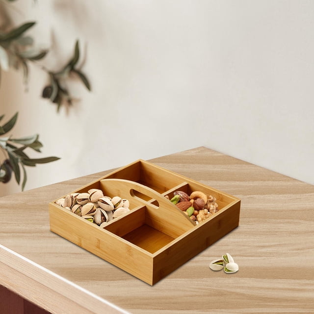 Caja de madera para frutas secas, bandeja para aperitivos con 4 compartimentos para sala de estar, cuenco para dulces, ampliamente utilizado, plato 28x28x6.5cm Macarena bandeja de golosinas