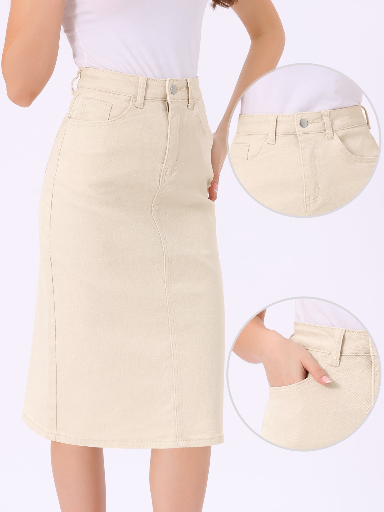 DARING DIVA Women's Denim Split Back Pockets Midi Jean Skirts XS Light Apricot