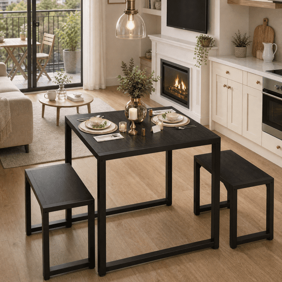 Asofer 3-Piece 2 Person Dining Set, Space Saving Breakfast Nook & Multi-Function Study Desk for Small Apartment Dorm, Back to School Essential for College Students,Black