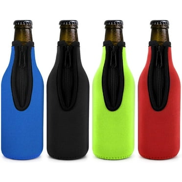 Beer Bottle Insulator Sleeve Pack of 4. Different Color. Zip-up Bottle Jackets. Keeps Beer Cold and Hands Warm. Classic Extra Thick Neoprene with Stitched Fabric Edges, Enclosed Bottom, Perfect Fit
