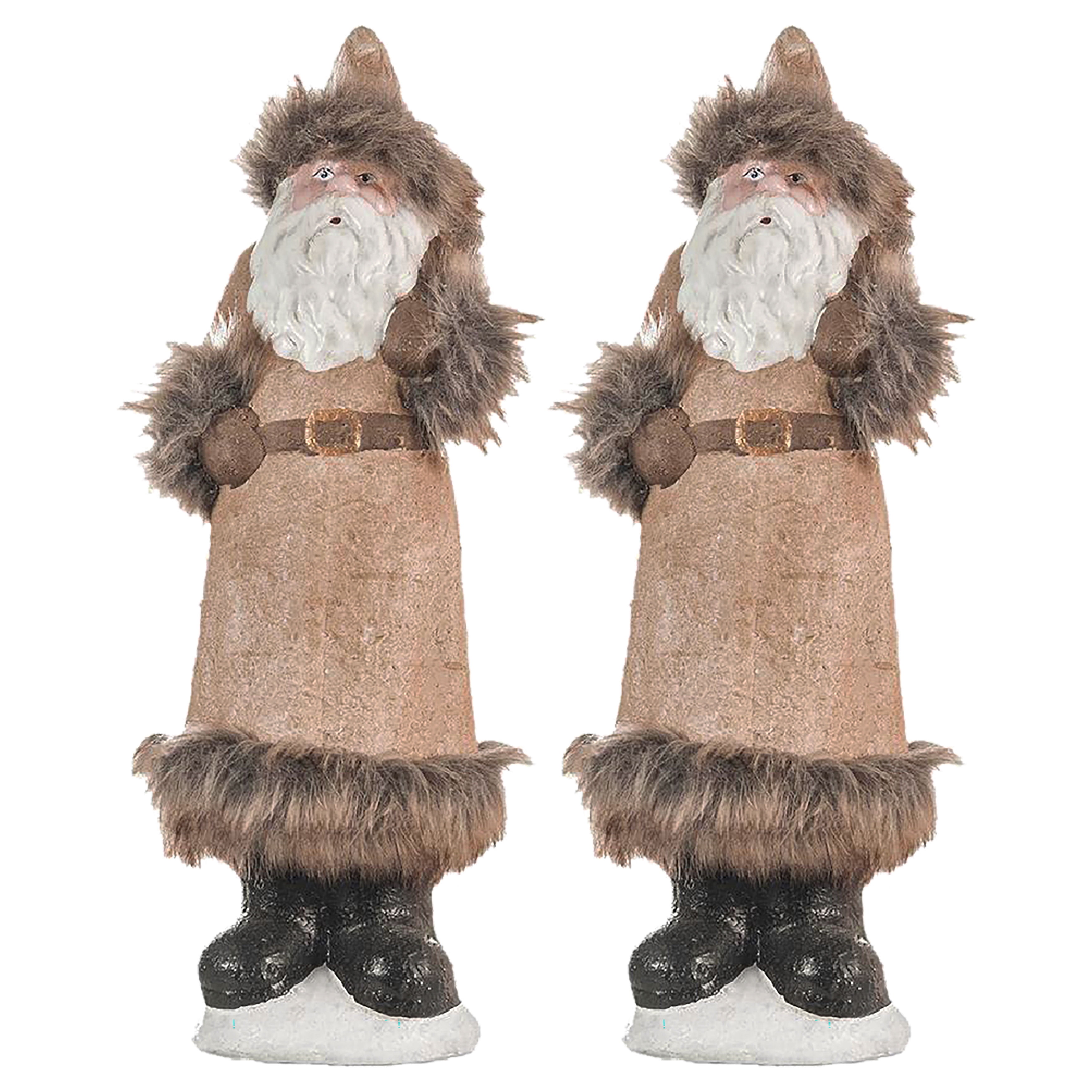 Rustic Terracotta Santa Figurine Christmas Decor Beige Long Coat Santa Statue with Fur Accents Frosted Rock Base Tabletop Mantel Holiday Centerpiece