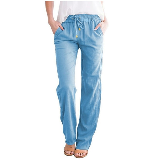 Pantalones informales rectos de algodón y lino con cintura elástica para mujer - Cintura media, cordón, para todas las estaciones
