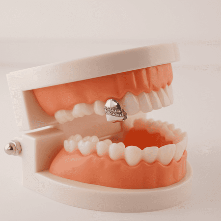 Copper Zirconia Double Row Teeth Grillz Single Piece, Gold or Silver Tone with 12 Round CZ Stones, Hip Hop Party Dental Jewelry for Men & Women