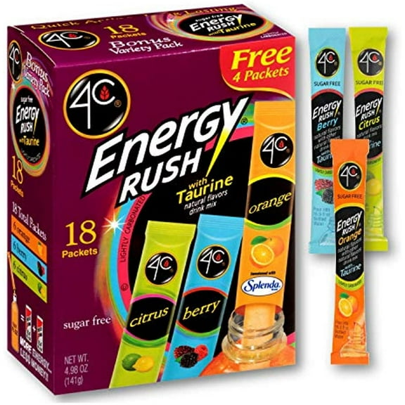 4C Energy Rush Drink Mix - Pack Of 2 Boxes - 18 Packets Each - Makes 36 Servings - 6 Orange, 6 Berry, 6 Citrus Packets - Bonus Variety Pack -Net Wt. 4.987 Oz (141G) Each Box
