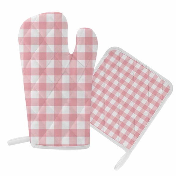 Oven Mitts and Pot Holder Set for Kitchen, Romantic Love Kitchen Oven Gloves Heat Resistance Non-Slip Surface Potholders Pink Buffalo Check Plaid Hot Pads Sets for Cooking Baking Grilling BBQ