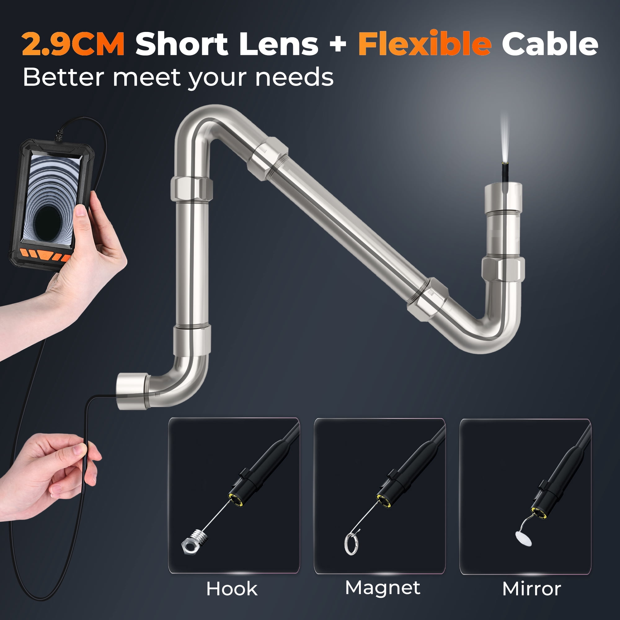 FLORAY 4.3" Borescope Endoscope with Light, 1080P HD Snake Inspection Camera, 16.5ft Cable, IP67 Waterproof, 2600mAh Battery