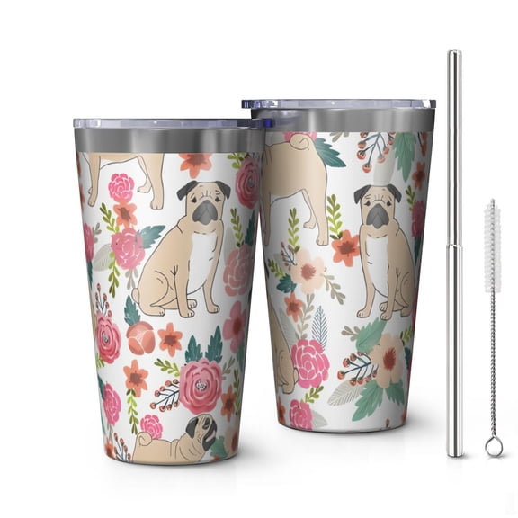 16oz Tumblers Pugs and Pioneer Flower Stainless Steel Vacuum Insulated Double Wall Travel Tumbler Cups Mug with Lid and Straw,Cleaning Brush for Coffee,Tea