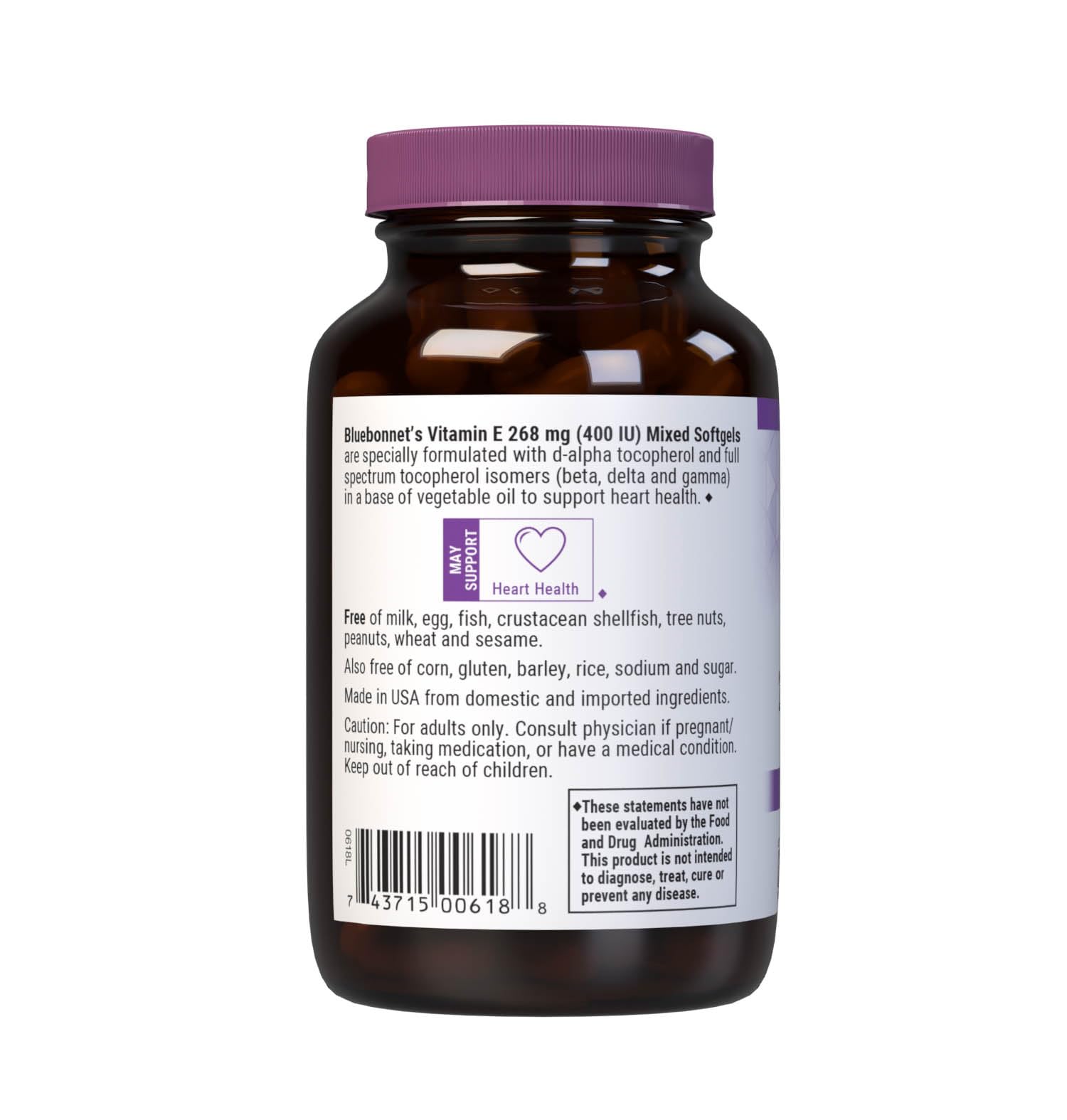 Bluebonnet Vitamin E 400 IU (268mg) Mixed Tocopherols, Cardiovascular Support*, 100 Count