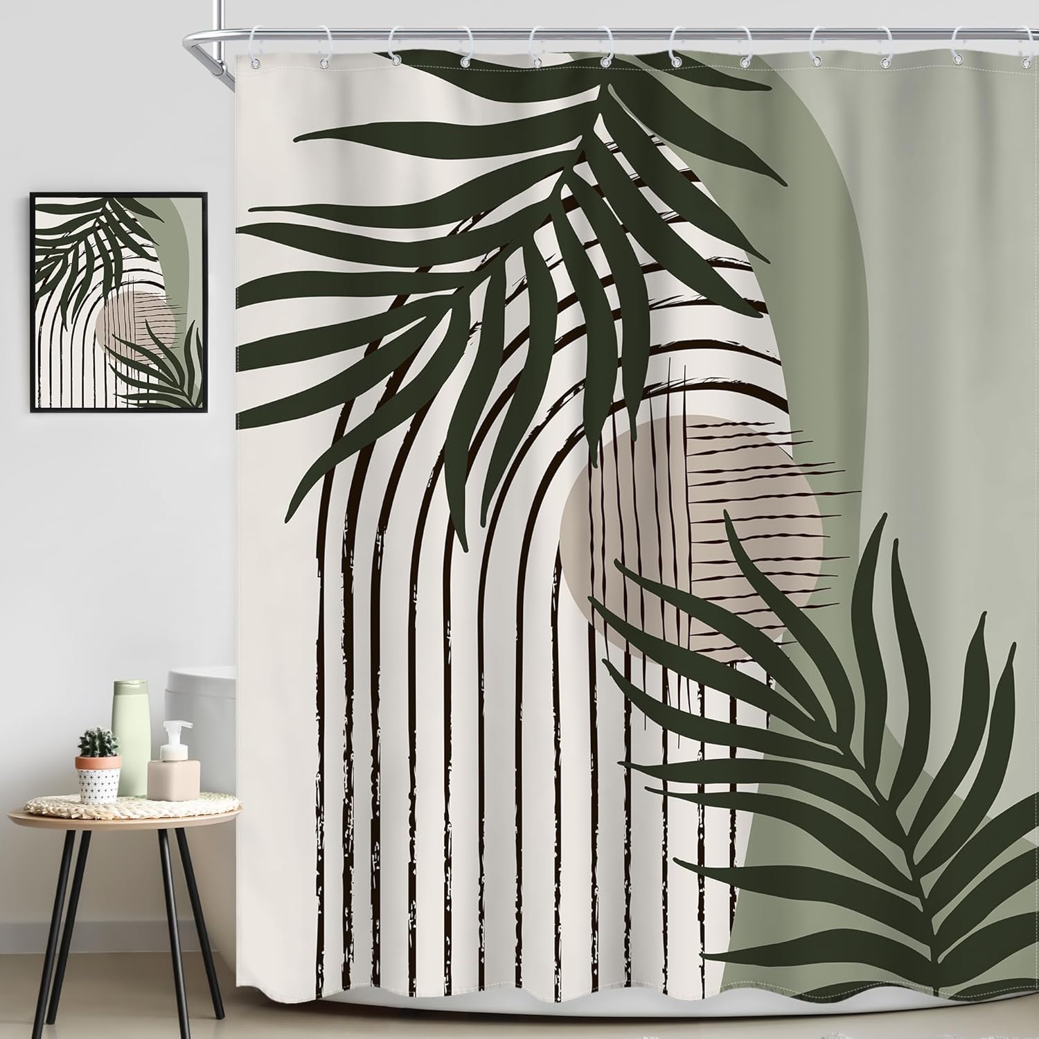 Sage Green Abstract Boho Leaves Shower Curtain 72Wx72L Inch Mid Century Modern Geometric Sun Arch Minimalist Shower Curtain Bathroom Set Retro Plant Bath Curtain Bathtub Accessories Home Decor