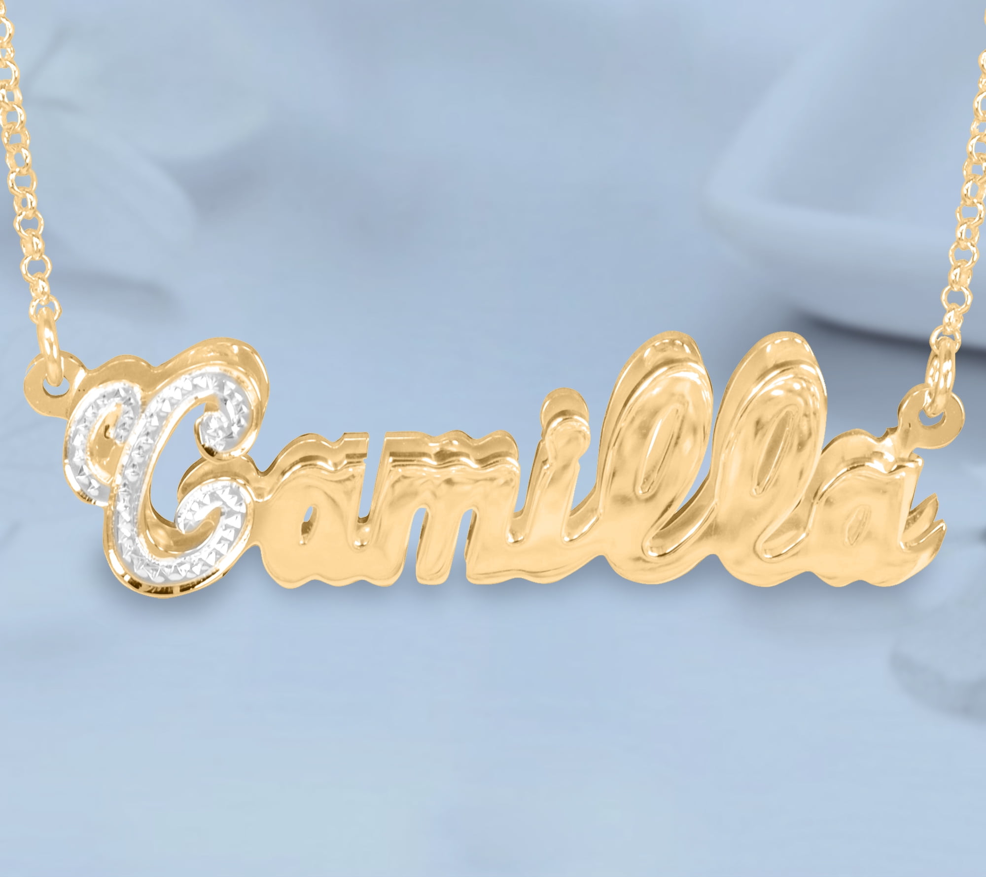 Personalized Double 3D Bling Initial Name Necklace in 14K Gold-Plated Sterling Silver