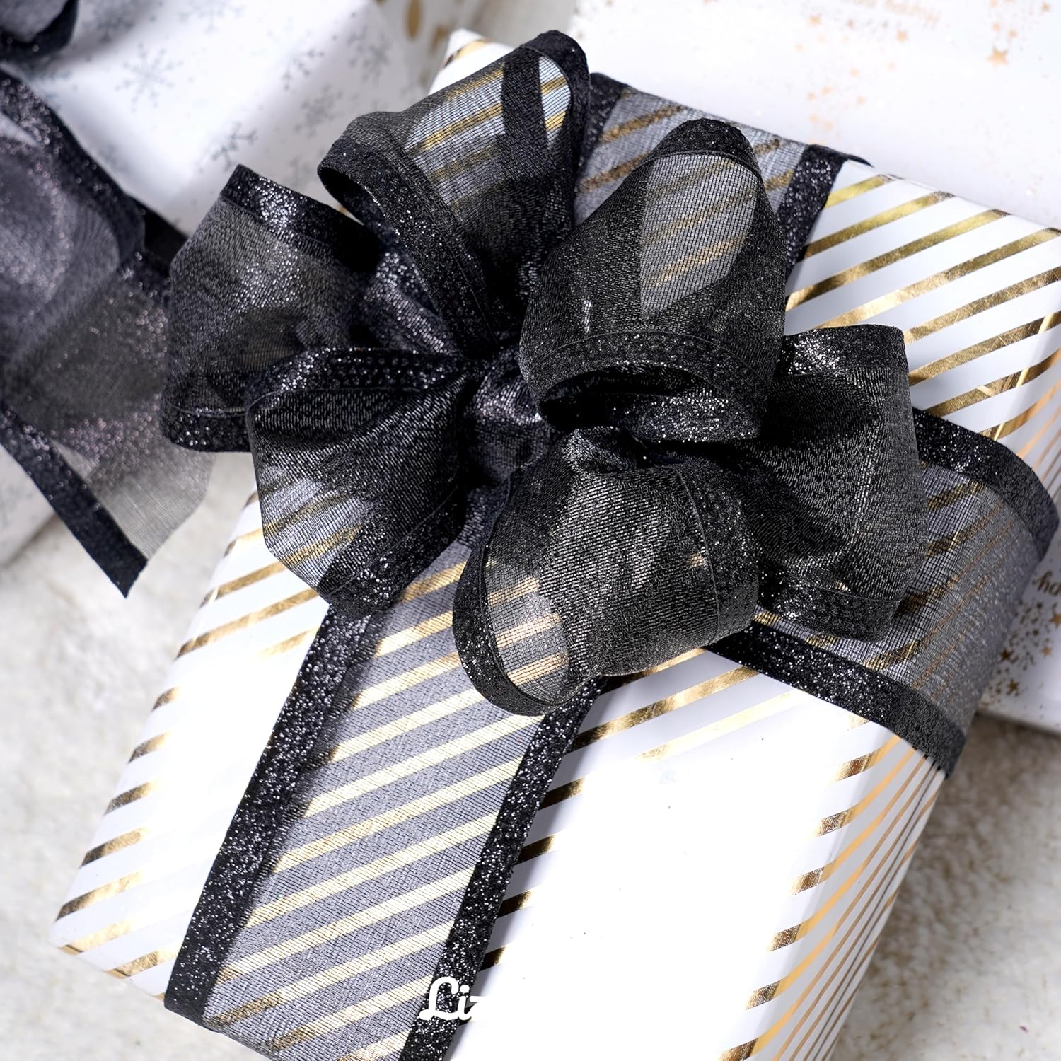 Black Christmas Ribbon Wired 2.5 Inch Metallic Black Wired Ribbon with Glitter Stripe, Ribbon for Christmas Tree, Wreaths Supplies, Swag, Garland, Halloween Decor - 10 Yards