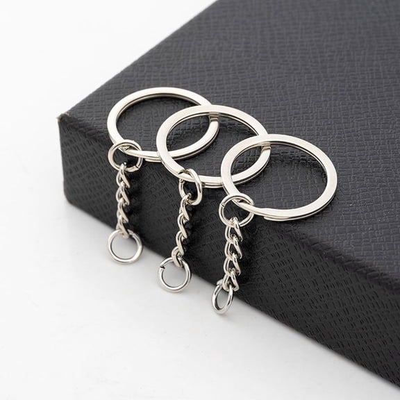 Factory Wholesale 25mm 30mm Keyring With Chain DIY Hardware Keychain Accessory Silver Nickel Plating Flat Keyring Split Key Ring