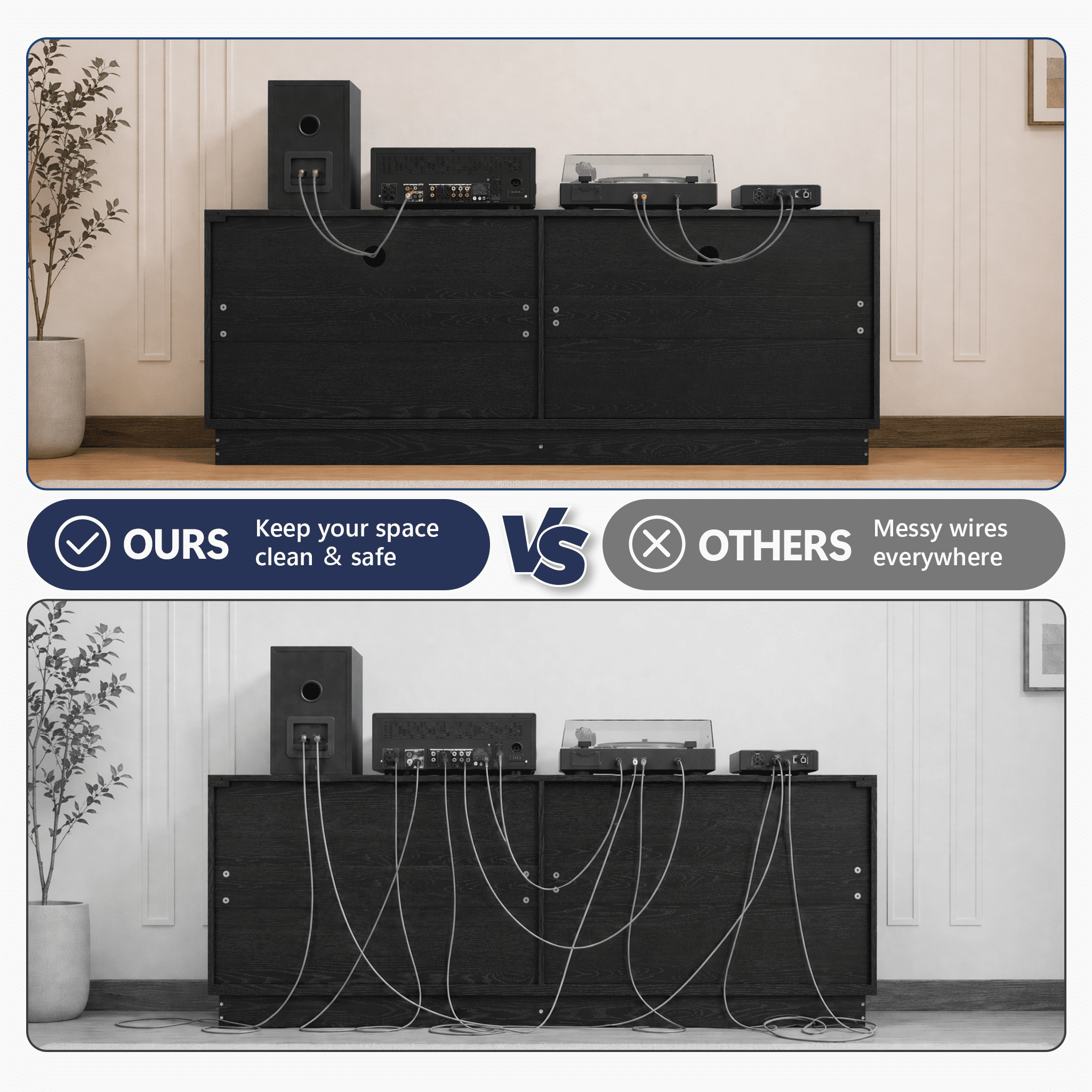 Mintazer 63'' TV Stand with 4 Storage Doors, Low Profile Storage Media Console Table with Cable Holes for Living Room, Kitchen, Bedroom & Entryway, Black
