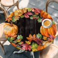 thumbnail image 2 of Orange Pumpkins Round Tablecloth, Fitted Table Cover with Elastic for 36"-44" Round Tables, Farmhouse Botanical Leaves Wooden Vintage Table Cloth Outdoor Indoor Dinning Party Waterproof Tablecloths, 2 of 7