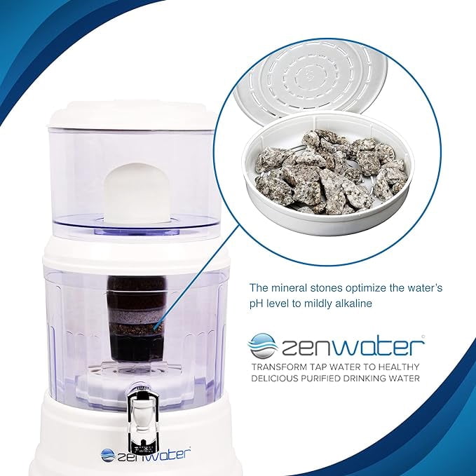 ZENWATER 8 Stage Gravity Water Filteration System - Portable Countertop Water Filter System - Alkaline Water Filter System - 4 Gallon
