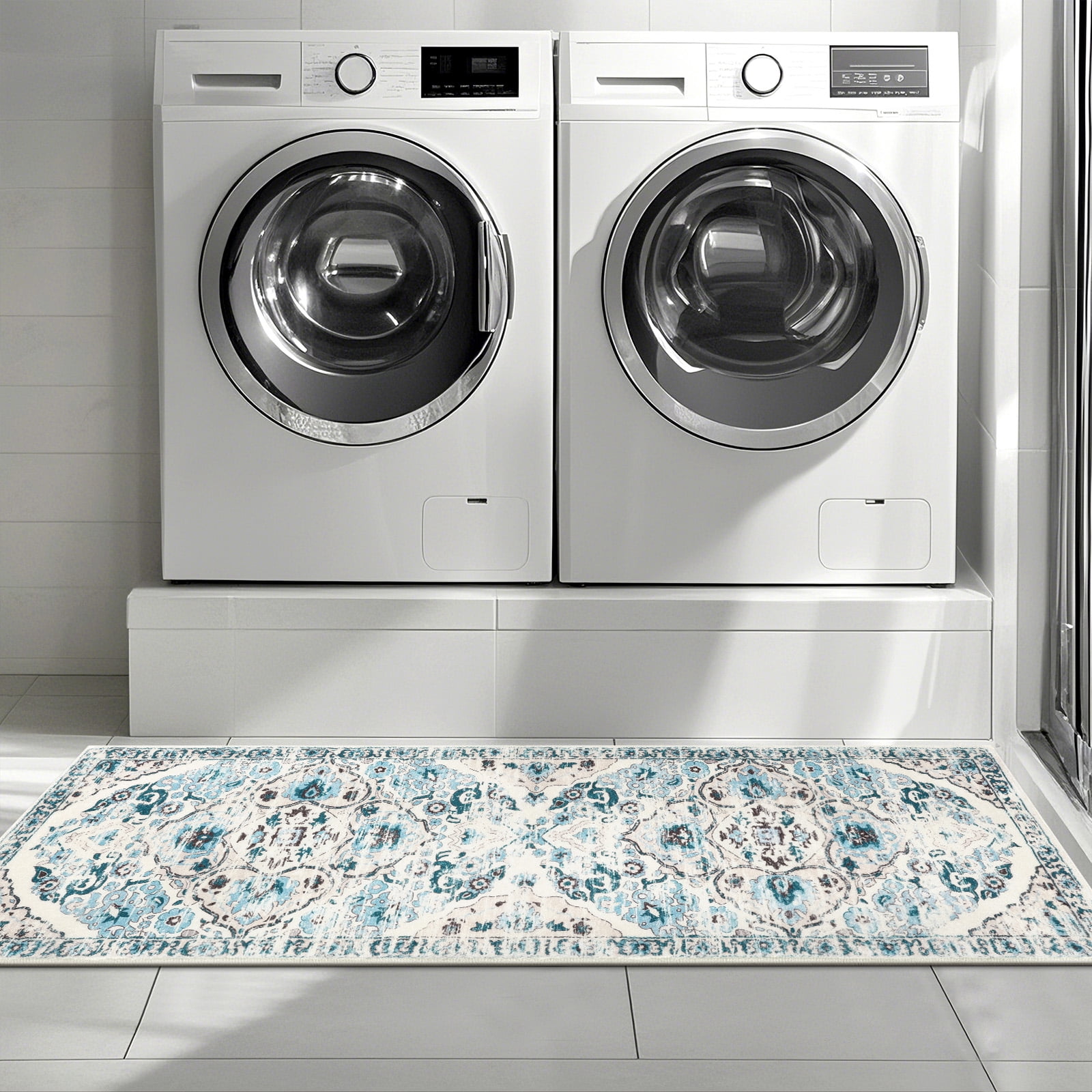 MeyJey 2'x6' Boho Runner Rug for Hallway, Non Slip Machine Washable Rug Distressed Vintage Floor Carpet for Bedroom Kitchen Laundry Room, Blue/Beige