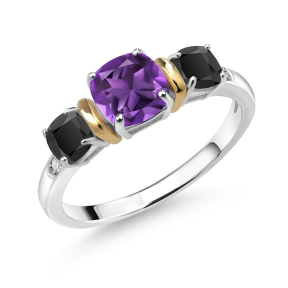 Gem Stone King 1.55 Ct Cushion Purple Amethyst Black Onyx 925 Silver and 10K Yellow Gold Ring (Size 7)