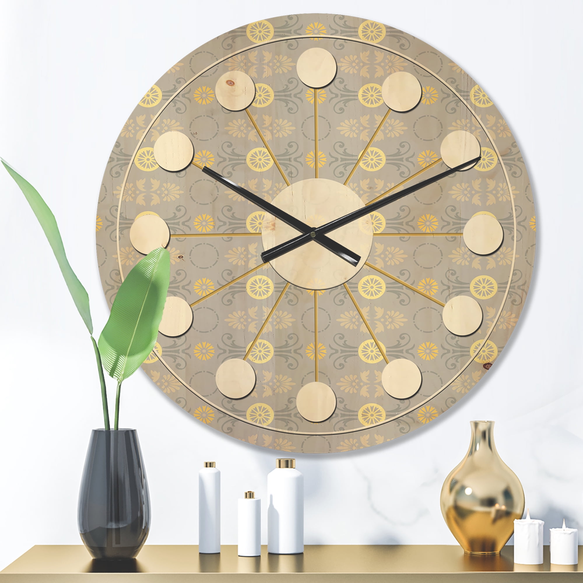 Designart 'Golden Cornflower Retro Pattern' Mid-Century Modern Wood Wall Clock