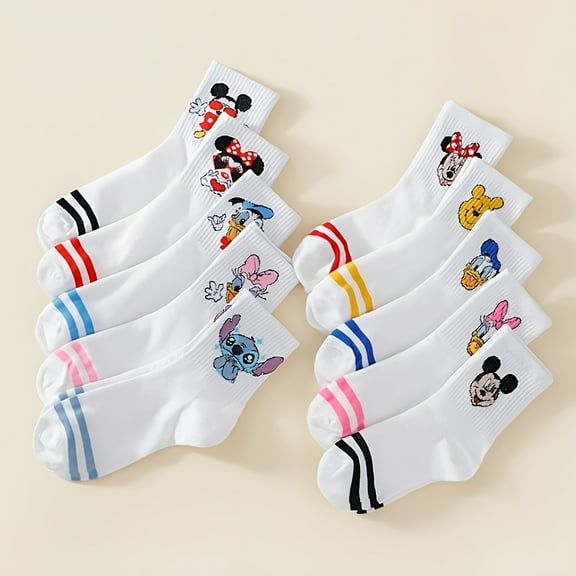 [Cute Cartoon Socks] 10 Pairs Womens Socks - Cute Cartoon Animal Designs (Stitch, , Minnie, ), Breathable & Absorbent, Solid Color, All-Season Daily Wear, Hand Wash Only
