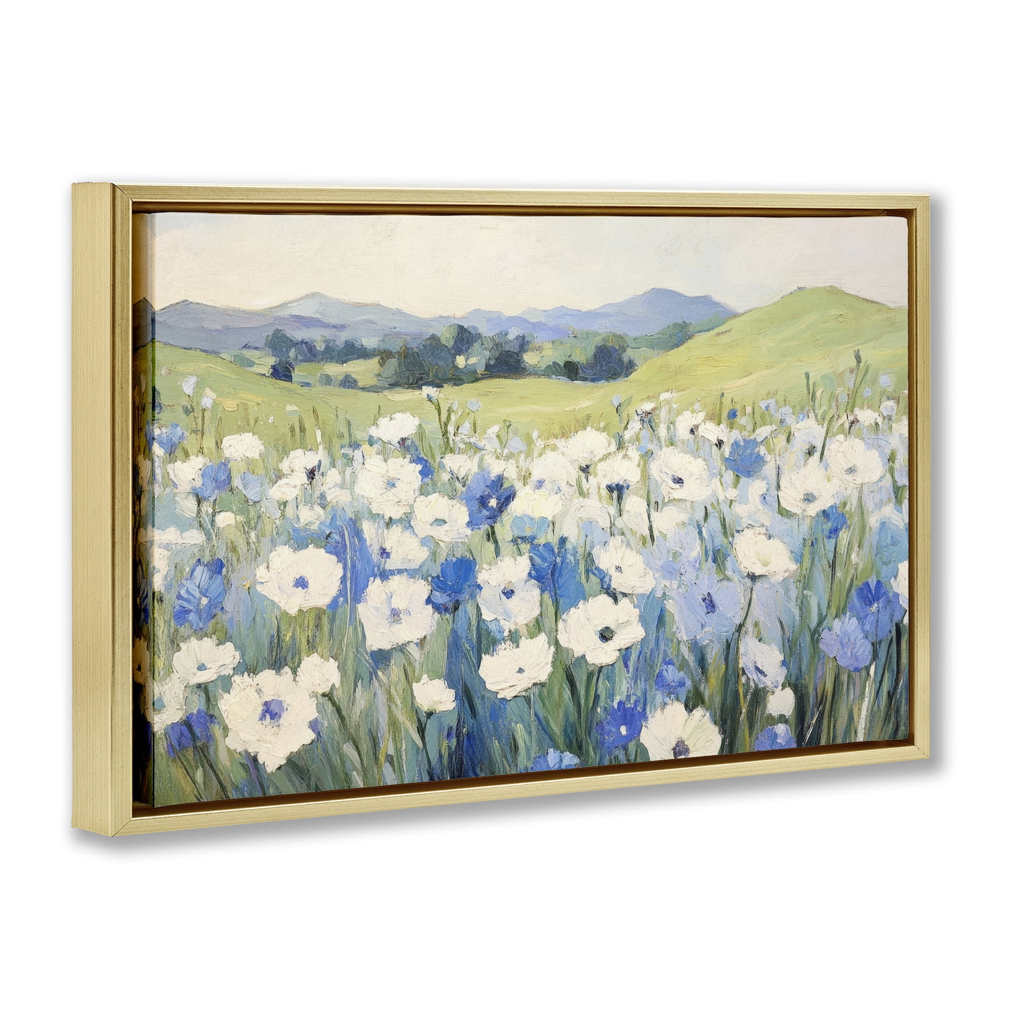 Stupell Industries Blue & White Daisies Gold Framed Floater Canvas Wall Art, design by Petal Prints Design