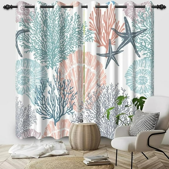 Nautical Coastal Blackout Curtains, Pink Coral Starfish Beach Themed Window Curtains Room Darkening Drapes With Grommets 42"W x 96"L (Pack of 2)