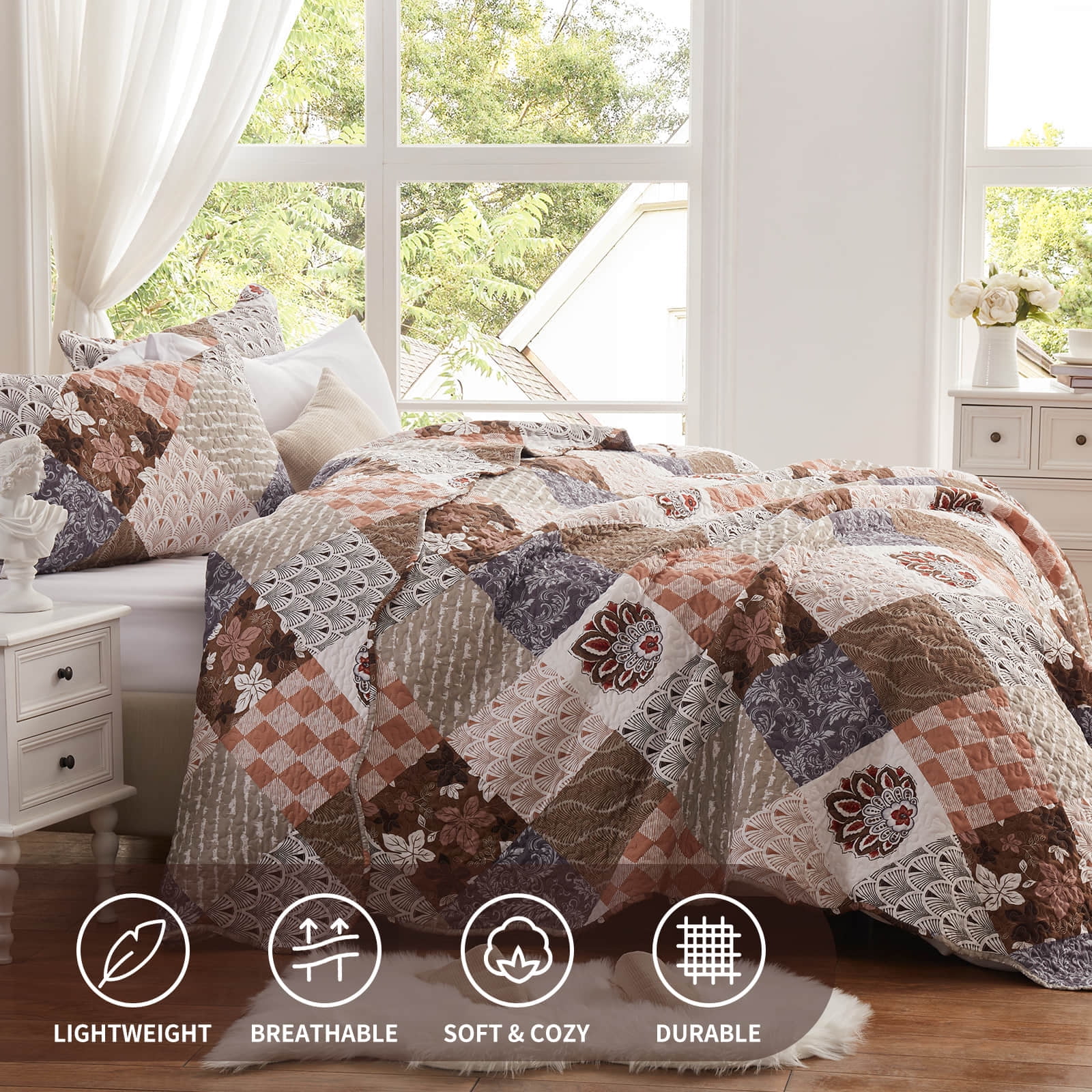 3-Piece Full/Queen Size Quilt Set - Brown patchwork Bedspread Coverlet with 2 Pillow Shams, Microfiber