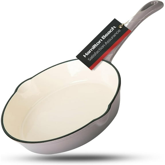 Hamilton Beach Enameled Cast Iron Fry Pan 10-Inch Gray, Cream Enamel coating, Skillet Pan For Stove top and Oven, Even Heat Distribution, Safe Up to 400 Degrees, Durable