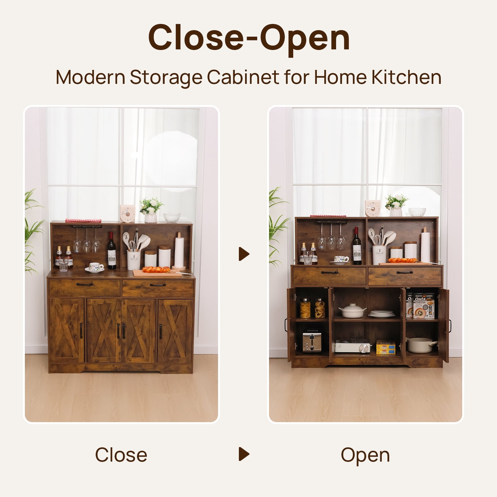 Walsport 47'' Coffee Bar Cabinet - Farmhouse Sideboard Buffet Cabinet with Storage - Kitchen Pantry Storage Cabinet with Doors and Shelves for Dining Room, Living Room, Kitchen (Brown)