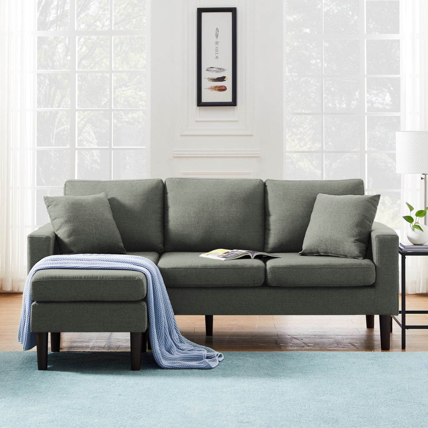 Kadyn 72" Sectional Sofa, L-Shaped Sofa with 2 Pillows, Fabric 3-Seat Sofa for Living Room, Dark Grey