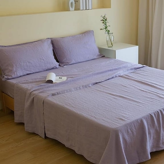 Simple&Opulence 100% Linen Sheets California King Size Set, 4 Pcs Natural French Linen Bed Sheets, Breathable Soft Durable Bedding Set for All Season (Lilac, California King)
