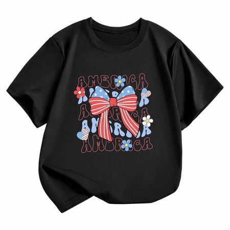 Curuila Child Kids Girls T Shirt Summer Short Sleeved 4Th Of July Bow Print Crew Neck Loose Fit Fashionable Tops Black Size 2-3 Years