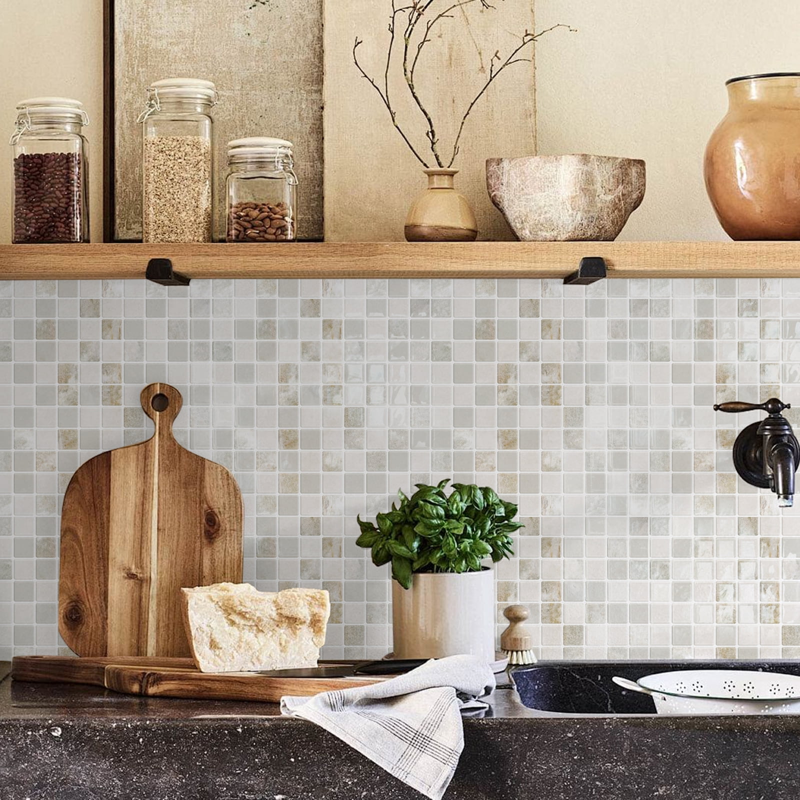 DEWOO 10 Sheet Thicker Mosaic Peel and Stick Backsplash Tile Removable Self Adhesive Wall Tiles for Bathroom Kitchen Counter (12"×12",Beige)