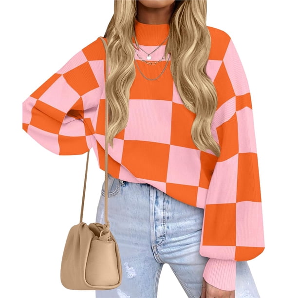 Suéter de Punto Acanalado de Larga con Cuello Alto y Corte Holgado para Mujer, Ideal para Otoño Naranja S